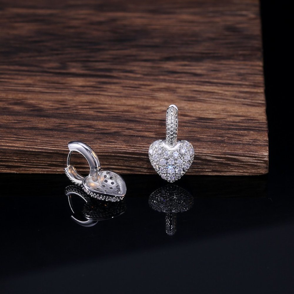 NEW Silver Pave Diamond Heart Huggie Hoop Earrings - Picture 4 of 5